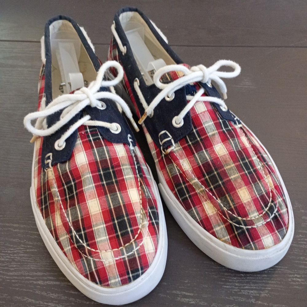 Polo by Ralph Lauren Red and Blue Plaid Boat Shoes. Men's 9.5M Gently Used - Picture 4 of 6